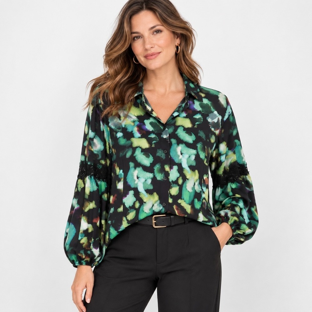 Joseph Ribkoff Artwear Button Up Blouse Womens 10 M Black Multicolor Abstract